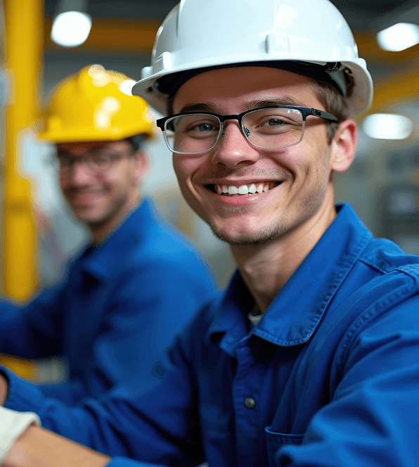 Dois trabalhadores industriais com capacete de proteção e uniforme de trabalho azul a sorrir num ambiente de fábrica.