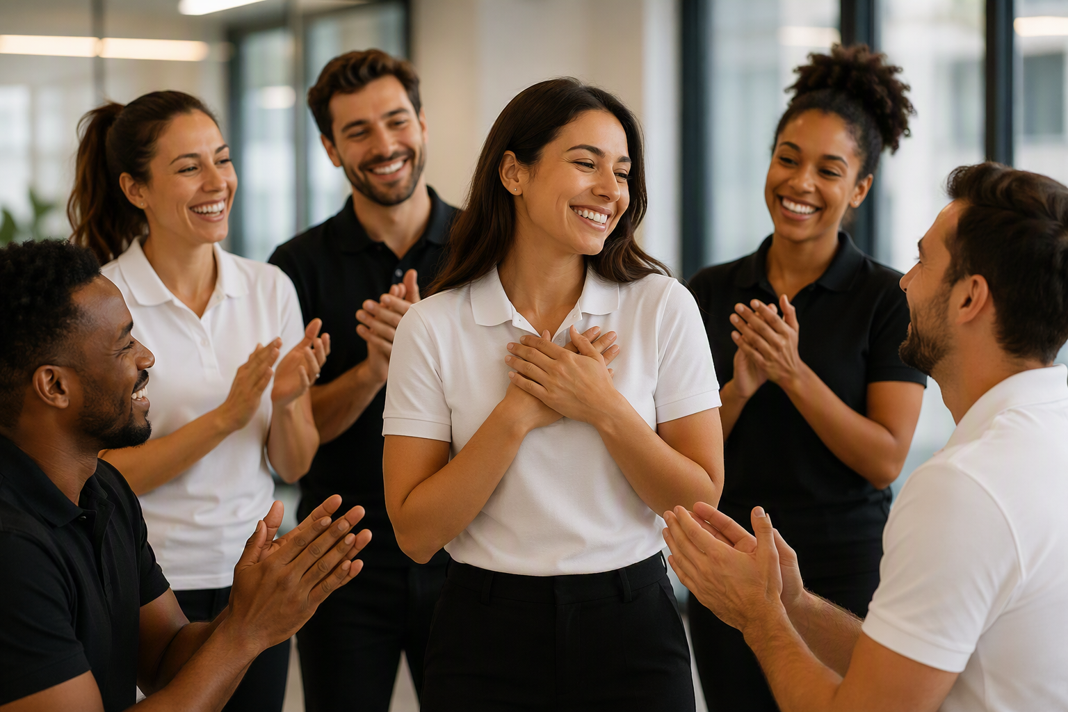 A diverse group of professionals smiling and applauding in a corporate setting, demonstrating a moment of collaboration or collective recognition.