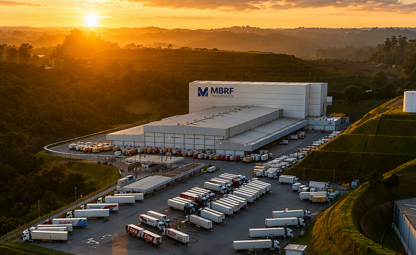 Descrição da imagem: Vista aérea de unidade industrial da empresa ao pôr do sol, com frota de caminhões estacionados no exterior.
